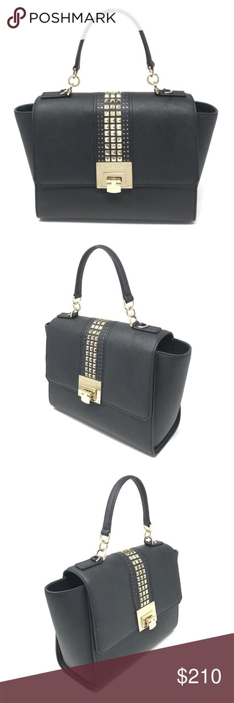 michael kors tina studded satchel black flap chain|Michael Kors Studded Tina Black Saffiano Leather Satchel .